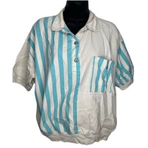 Vintage LA Seat Covers White Blue Striped Short Sleeve Shirt USA 80’s Size XL